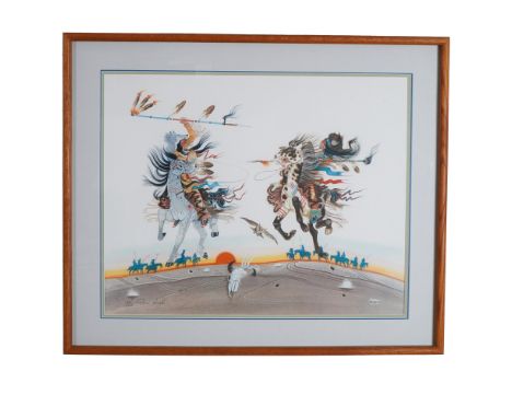 This framed limited-edition print by renowned Native American artist Rance Hood is titled Untamed Hearts and depicts a striki