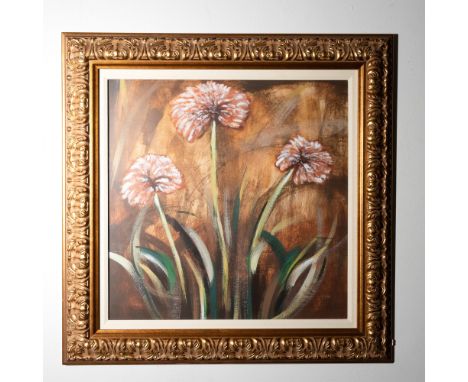 A contemporary floral artwork titled Her Bath, featuring an expressive depiction of chrysanthemums rendered in warm earth ton