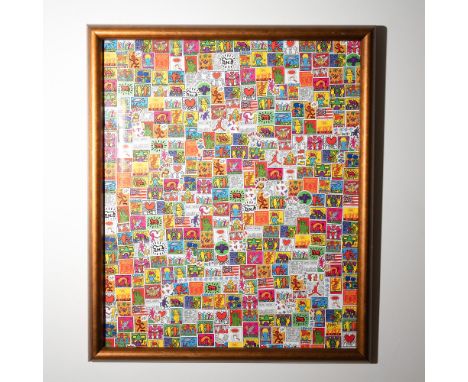 A vibrant mixed-media collage by contemporary Pop artist Karlo, composed of an extensive array of Keith Haring-inspired stick