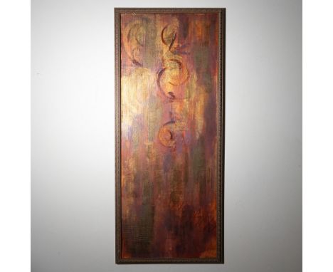 A large contemporary abstract mixed media painting featuring a warm, earthy palette of deep reds, greens, and golds with laye
