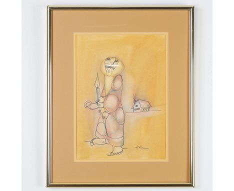 One-of-a-kind expressive watercolor and ink artwork by South African artist Hargreaves Nutkwana, depicting a surreal figure h