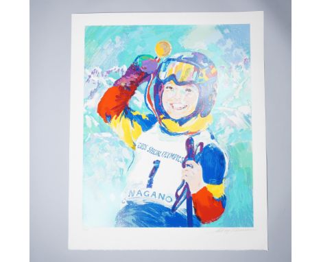 This limited edition print by LeRoy Neiman (1921-2012, American) captures a triumphant moment from the 2005 Special Olympics 