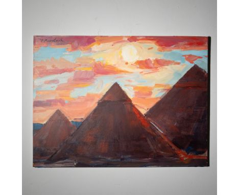 A striking acrylic painting on canvas by Ukrainian artist Igor Korotash, depicting the pyramids under a radiant sunset sky. T