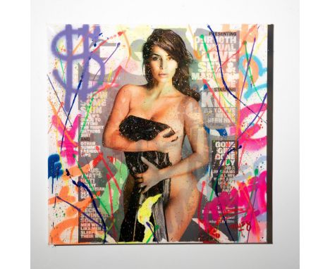 A bold and dynamic mixed media artwork by Italian artist Marco Michelini, known as MYFO78, featuring an iconic image of Kim K