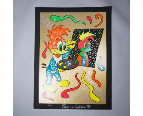 Limited edition serigraph entitled Putting Your Face On by American Pop artist Ronnie Cutrone, known for his bold, cartoon-in