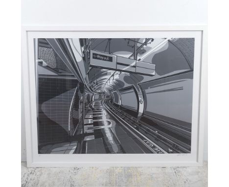 Life Line is a striking stencil print by urban artist Logan Hicks, depicting a dramatic London Underground station in a monoc