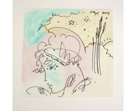 Vibrant watercolor and dark ink pen composition by Peter Max, entitled Aqua Profile, featuring the artist's signature fluid l