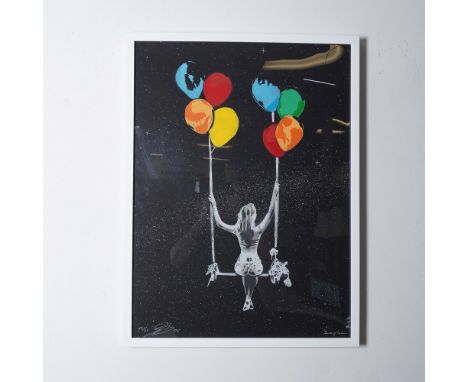 A striking mixed-media artwork on glass by Ziegler T, titled Fly Away (By Night), depicting a female figure seated on a swing