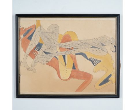 Framed abstract nude composition by artist Georgeta Gigi Aramescu (Romanian/American, 1910-1994), showcasing a vibrant and dy