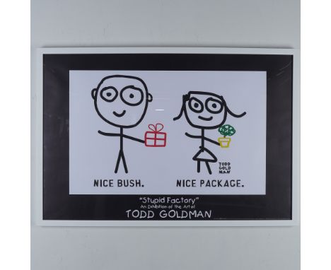 A framed poster by contemporary pop artist Todd Goldman featuring his signature stick-figure illustrations and witty, double-