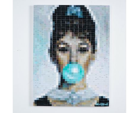 A dynamic mixed-media collage by contemporary artist LashBrook, Bubblegum Audrey reinterprets the iconic image of Audrey Hepb