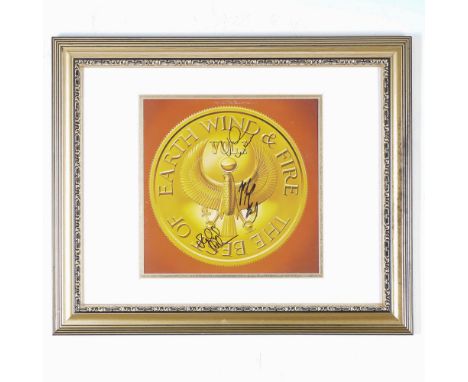 Framed and autographed LP cover of The Best of Earth, Wind &amp; Fire iconic album, featuring their distinctive golden emblem