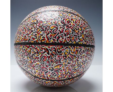 A striking, hand-painted Murray Sporting Goods basketball transformed into a vibrant work of contemporary art. The surface is