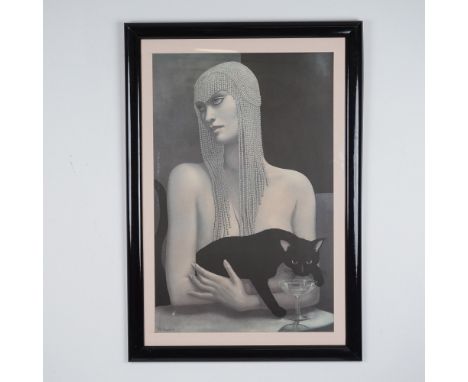 Framed print by artist JMW Chrzanoska depicting a striking composition of a woman adorned with a beaded headdress cradling a 