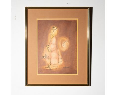 This framed original watercolor and black ink painting by South African artist Hargreaves Ntukwana (1941-1999) showcases his 