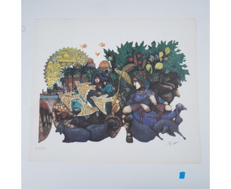 Amram Ebgi's color etching of David the Shepherd presents a rich, symbolic composition depicting the biblical figure of David