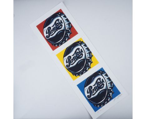 Pop art silkscreen print by Allison Lefcort featuring three stacked Pepsi-Cola bottle caps against vibrant red, yellow, and b