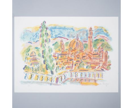 Vibrant and expressive limited edition print by renowned American artist Wayne Ensrud, known for his lively and colorful comp