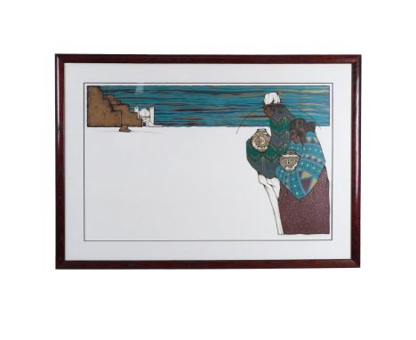 A striking limited edition serigraph by Amado Pena, Jr., depicting two Indigenous figures in richly patterned garments, carry