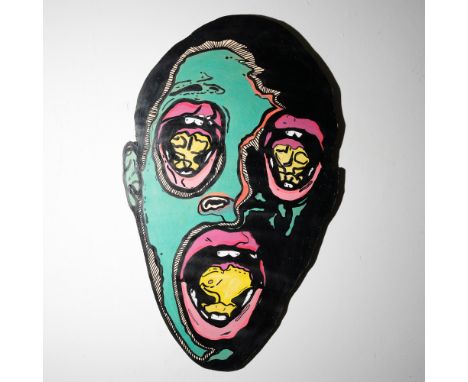 A striking contemporary painting on a custom-cut wood panel, featuring a bold, street art-inspired composition. This visually