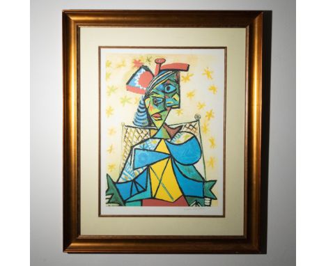 A striking limited edition giclee print titled Seated Woman with Red and Blue Hat, inspired by the works of Pablo Picasso, on