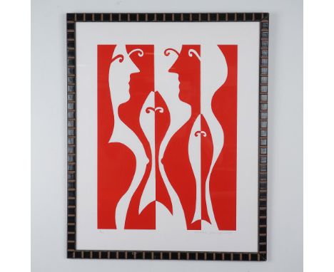 Striking limited edition print by acclaimed artist Edwina Sandys, featuring a bold red and white abstract design that interwe