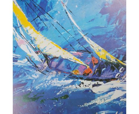 A vibrant sailing-themed print by renowned American artist LeRoy Neiman, known for his dynamic and expressive style. This pie