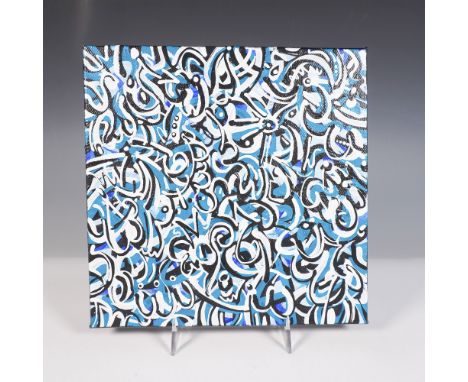 Acrylic on canvas painting by Abe Ankst, signed and dated 2024. Features layered black, white, and blue calligraphic forms in