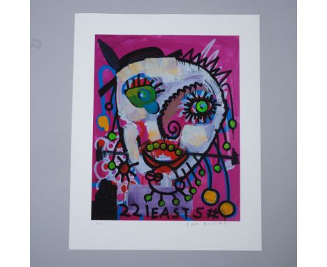 Vibrant and expressive color serigraph on paper by American artist Paul Kostabi, titled 22 East 5. This striking composition 