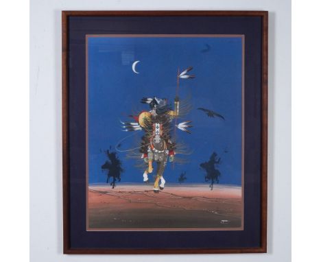 This limited edition print titled Coup Stick Song by renowned Native American artist Rance Hood showcases a striking depictio