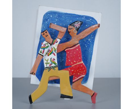 A striking mixed-media artwork by E.T. Tendler, titled Rhythms of the Tropics. This lively piece showcases a dancing couple i