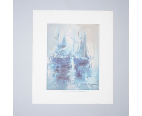 This print features Blue Sails by Candela Perez, a striking composition that captures the essence of maritime serenity throug