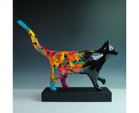 Vibrant hand-painted cat sculpture by Andres Martinez, titled Gato. This striking piece showcases a bold abstract expressioni