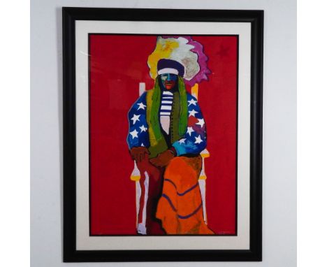 A bold and expressive portrait by Malcolm Furlow, known for his dynamic depictions of Native American culture through vivid c