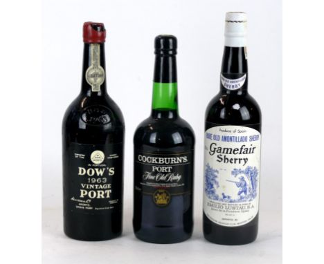 3 bottles mixed Lot Vintage Port, Port and Sherry
Comprising 1 bottle Dow Vintage Port 1963 (b/n), 1 bottle Lustau Sherry 'Ga