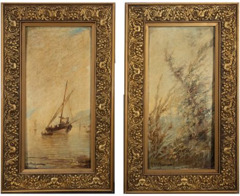 Pair of oil paintings on panel. Measures: 48 x 24 framed measures: 62 x 37 cm