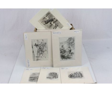 Collection of over 70 Mounted Vintage Black and White Prints including Punch Cartoons and Landscapes 