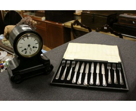 Japy Freres &amp; Cie Slate style painted Wooden cased mantle Clock with Enamel dial &amp; a cased Silver plated fruit Knife 