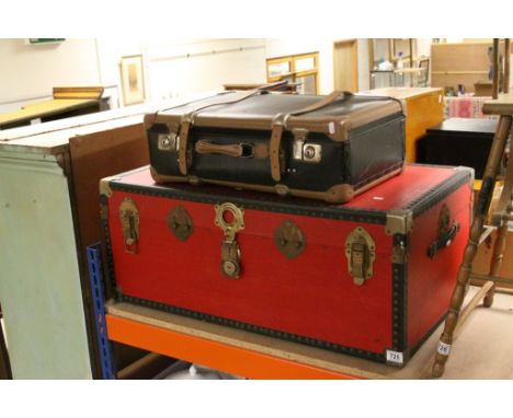 Large Red Travelling Trunk and a Vintage Suitcase