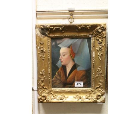 Gilt Framed Oil Painting Portrait of a Maiden with Veiled Headdress