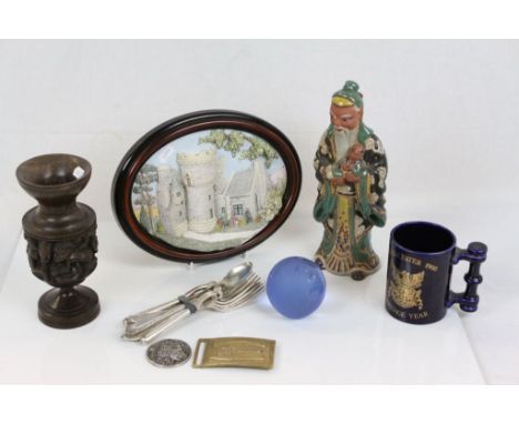 Mixed Lot including Chinese Ceramic Figure, Globe Paperweight, Wooden Tribal Vase, Portmeirion Cirencester Mug, Cutlery, etc