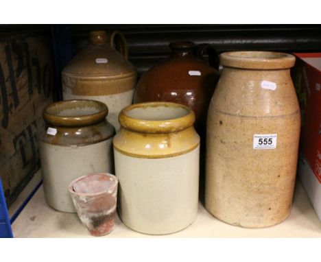 Vintage Stoneware Milk Bottle Cooler, Two Stoneware Flagons, Three Stoneware Jars and Two Clay Flower Pots
