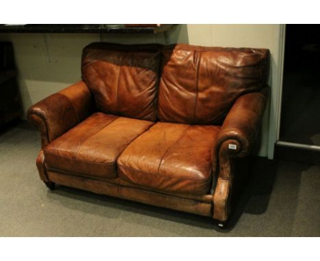 Tan Brown Leather Two Seater Sofa, 150cms long x 100cms deep x 83cms high