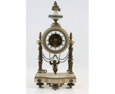 Vintage French key wind Onyx and Gilt Brass Mantle Clock with swinging Cherub Pendulum, the movement with an Anchor maker mar