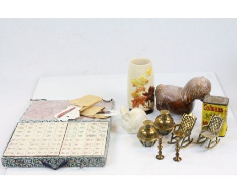 Small box of mixed collectables to include Sylvac Vase and brassware plus a boxed set of Mahjong tiles in Bamboo &amp; Bone