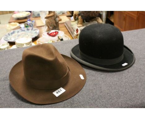 Vintage Bowler Hat size 7 1/4 by C Aylmore Chippenham &amp; a brown Felt Trilby style hat by Linney