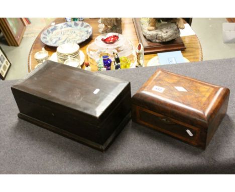 Fitted vintage Wooden Sewing or Work box with Marquetry inlay and Mother of Pearl escutcheon and another Wooden Box containin