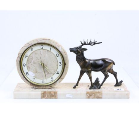 Art Deco Marble &amp; Onyx Mantle Clock with Bronzed effect Deer and later added Quartz movement