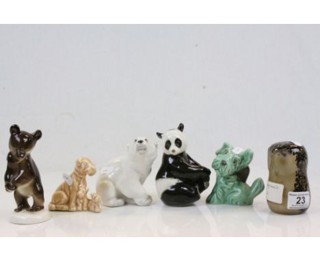 Two Sylvac ceramic Dogs, three Russian ceramic Bears and a Wedgewood glass Owl Paperweight