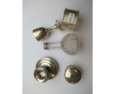 Mixed Silver Items to include Napkin Ring, Dwarf Candlestick, Silver Top Bottles, etc